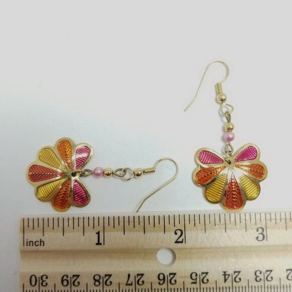 Vintage Berebi Bright Orange Yellow Pink Enamel Dangle Earrings, Colorful Retro - Picture 5 of 7